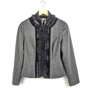 Coldwater Creek Womens Sz 8 Ponte Knit Ruffled Lace Blazer Jacket Stretch m Gray